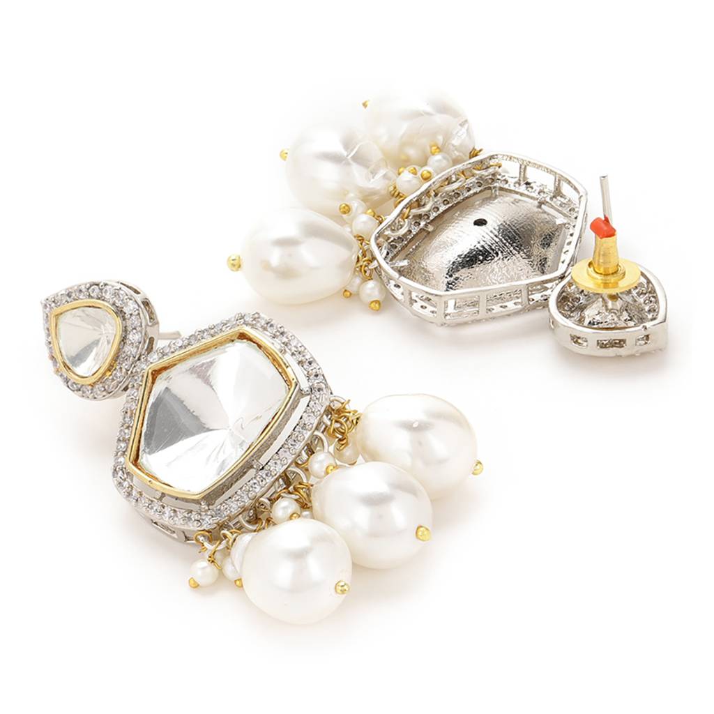 Kundan And Diamond Stone Earrings With Pearls : RSJULY22-50