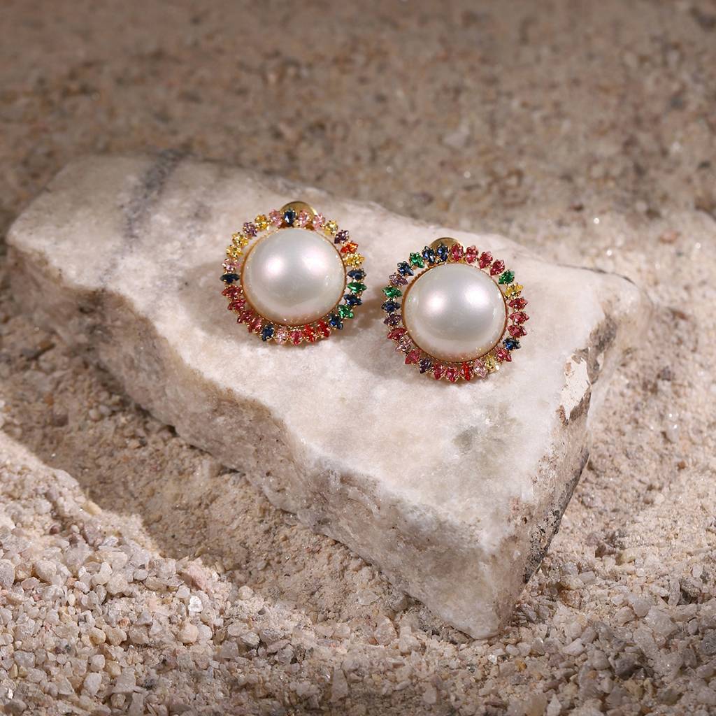 Pearl Studs With Multi Stones : RSJULY22-62