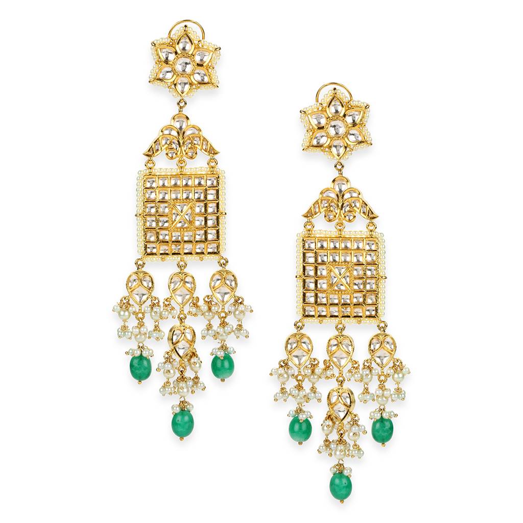 Long Kundan Earrings With Green Stone : RSMAY22-18