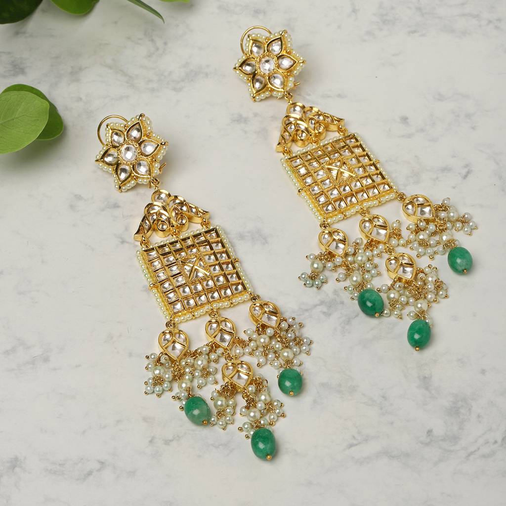 Long Kundan Earrings With Green Stone : RSMAY22-18