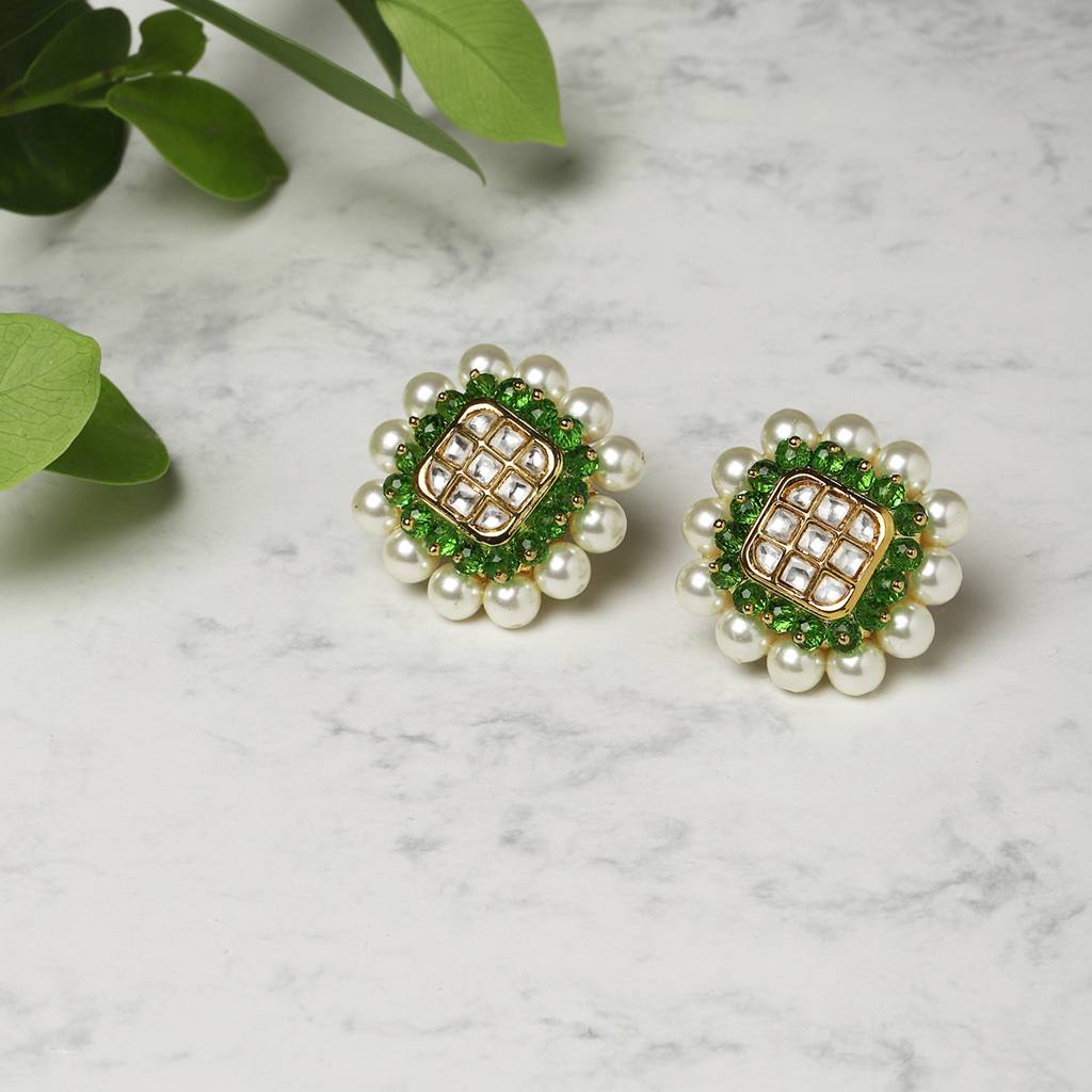 Pearl Kundan Studs With Green Stone Detailing : RSMAY22-3
