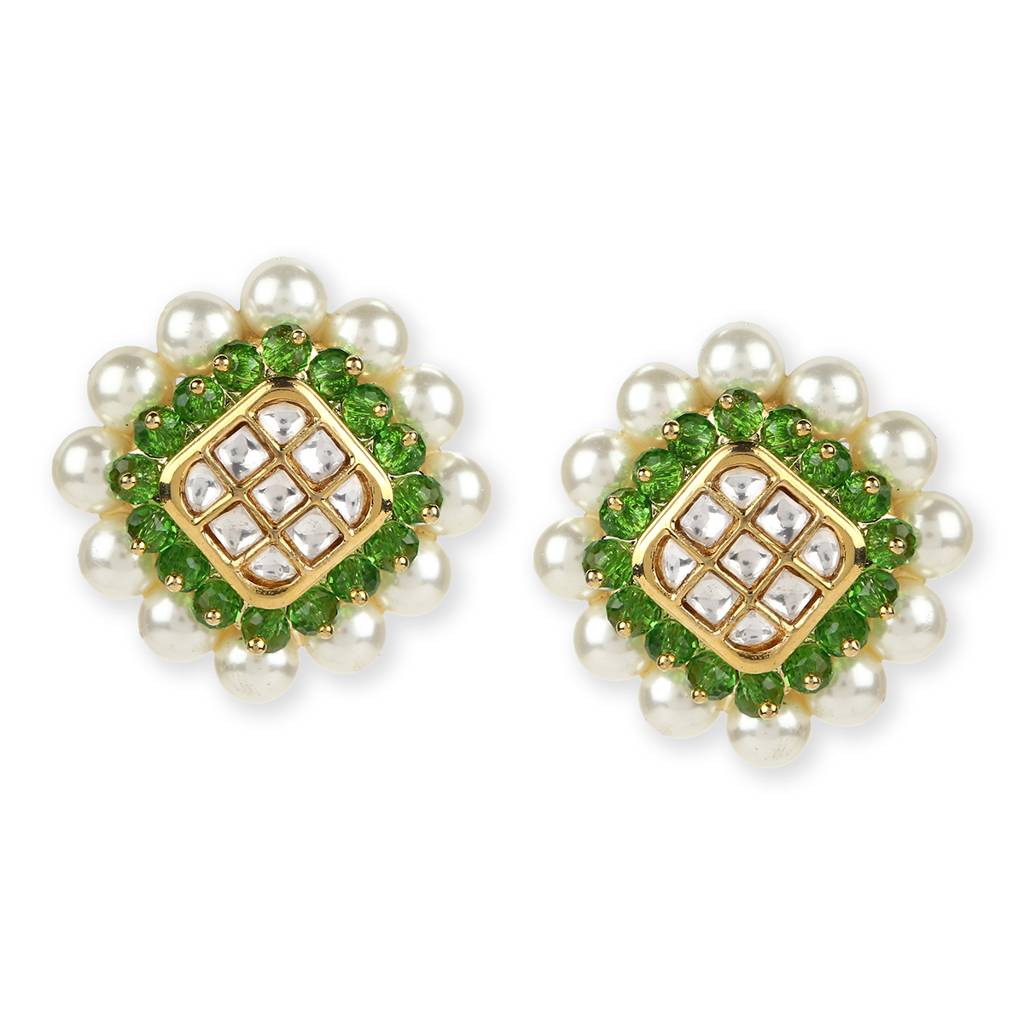 Pearl Kundan Studs With Green Stone Detailing : RSMAY22-3