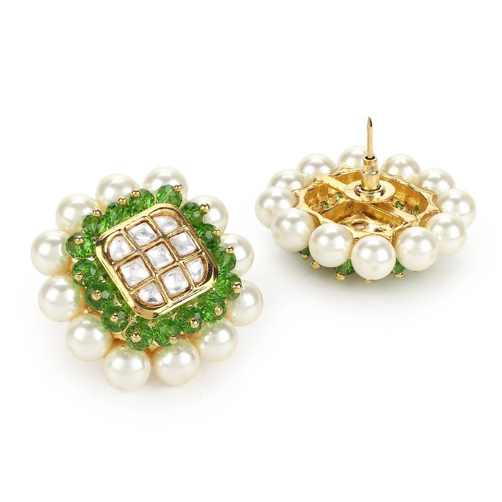 Pearl Kundan Studs With Green Stone Detailing : RSMAY22-3