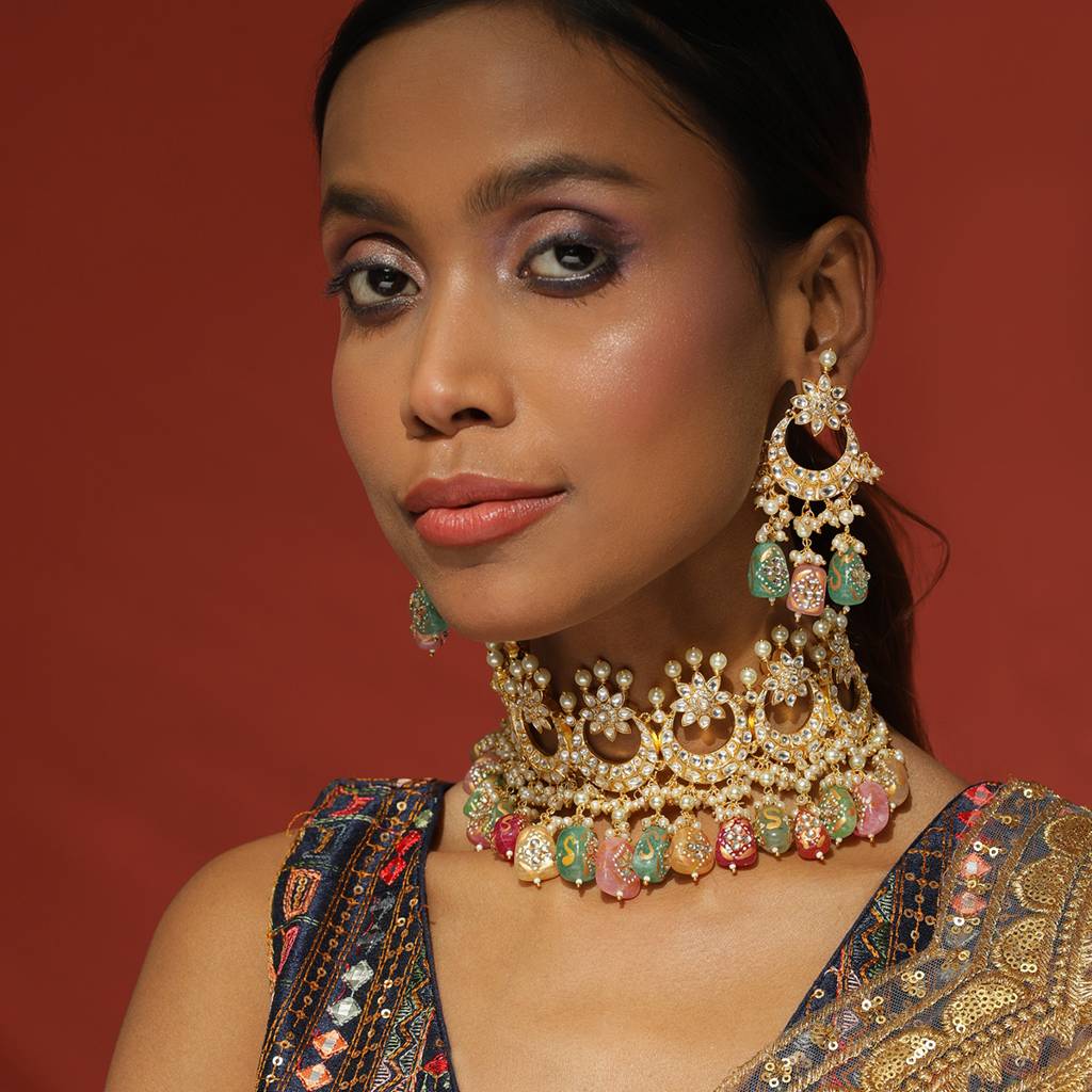 Maharani Kundan Choker With Multi Stones And Earrings : RSMAY22-50