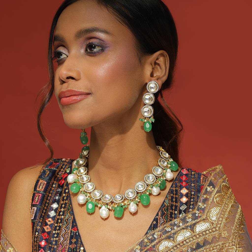 Maharani Green Stone & Kundan Neckpiece With Earrings : RSMAY22-51
