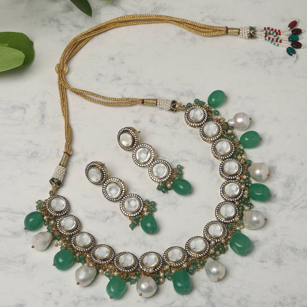 Maharani Green Stone & Kundan Neckpiece With Earrings : RSMAY22-51