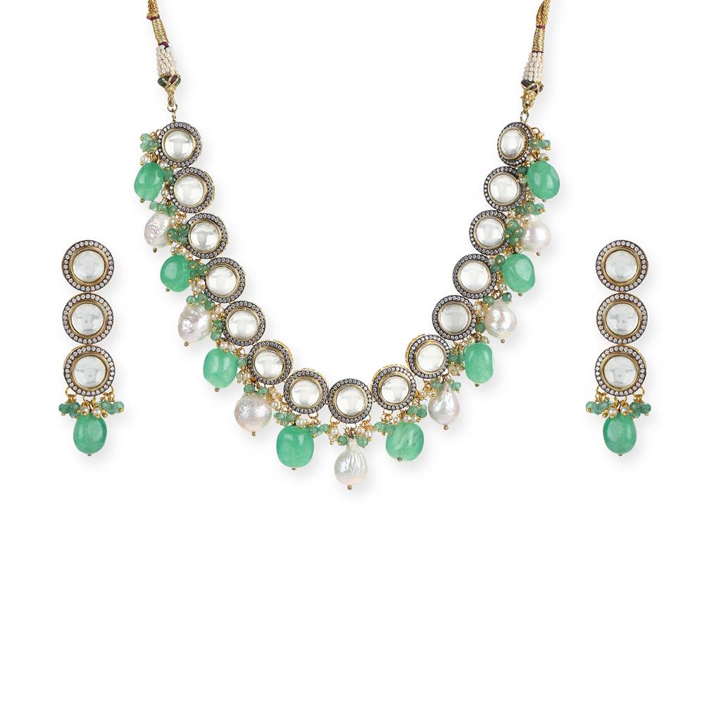 Maharani Green Stone & Kundan Neckpiece With Earrings : RSMAY22-51