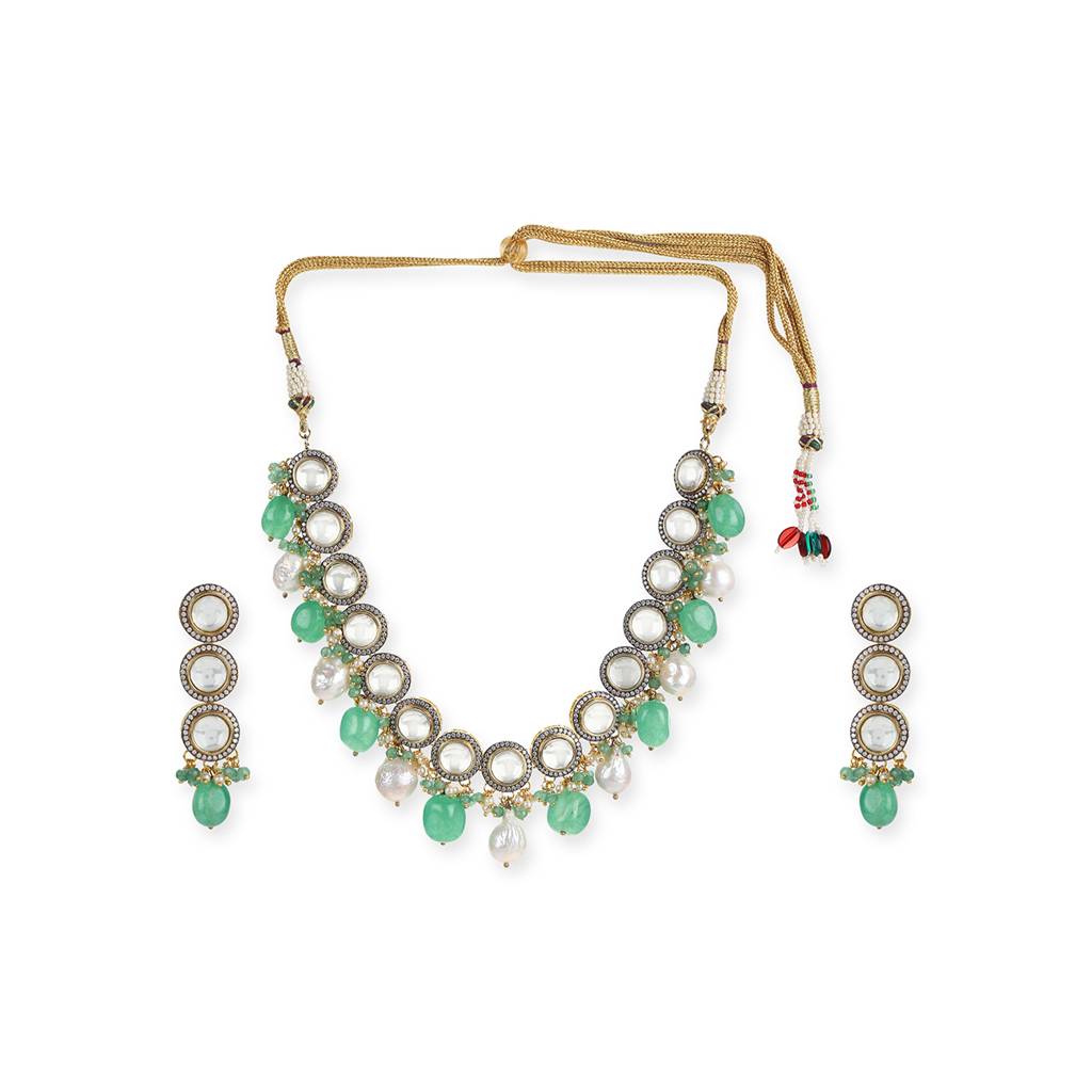 Maharani Green Stone & Kundan Neckpiece With Earrings : RSMAY22-51