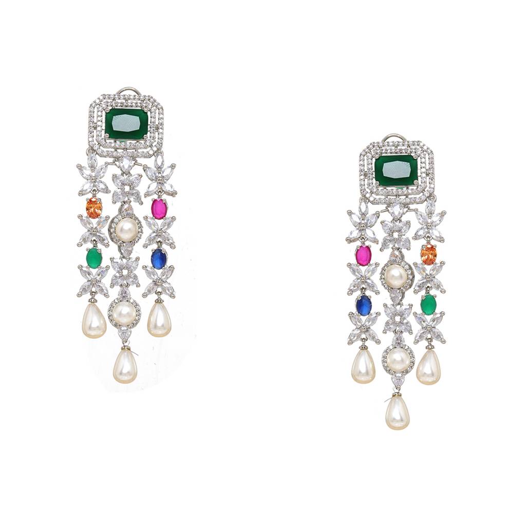 Long Multi Stone Earrings With Pearl Drops : RSSEP24-42