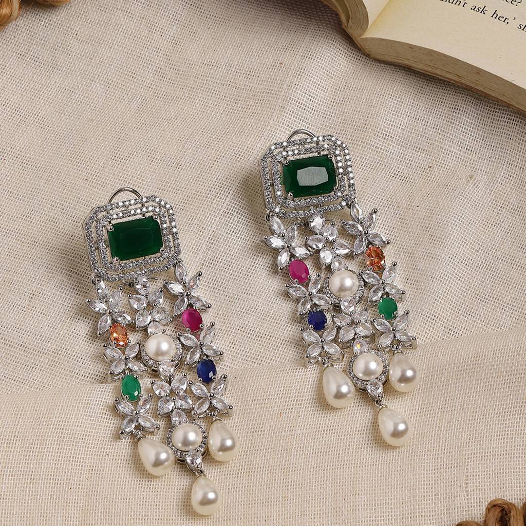 Long Multi Stone Earrings With Pearl Drops : RSSEP24-42