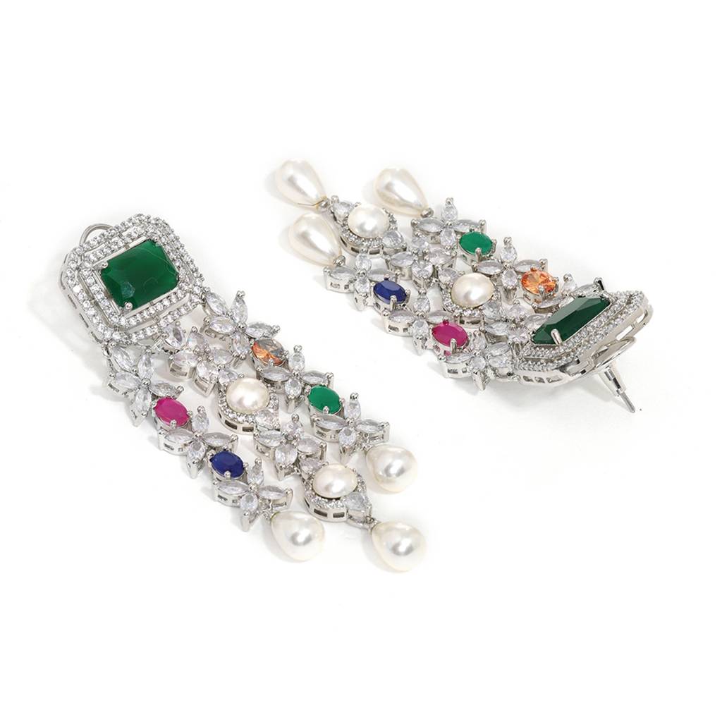 Long Multi Stone Earrings With Pearl Drops : RSSEP24-42