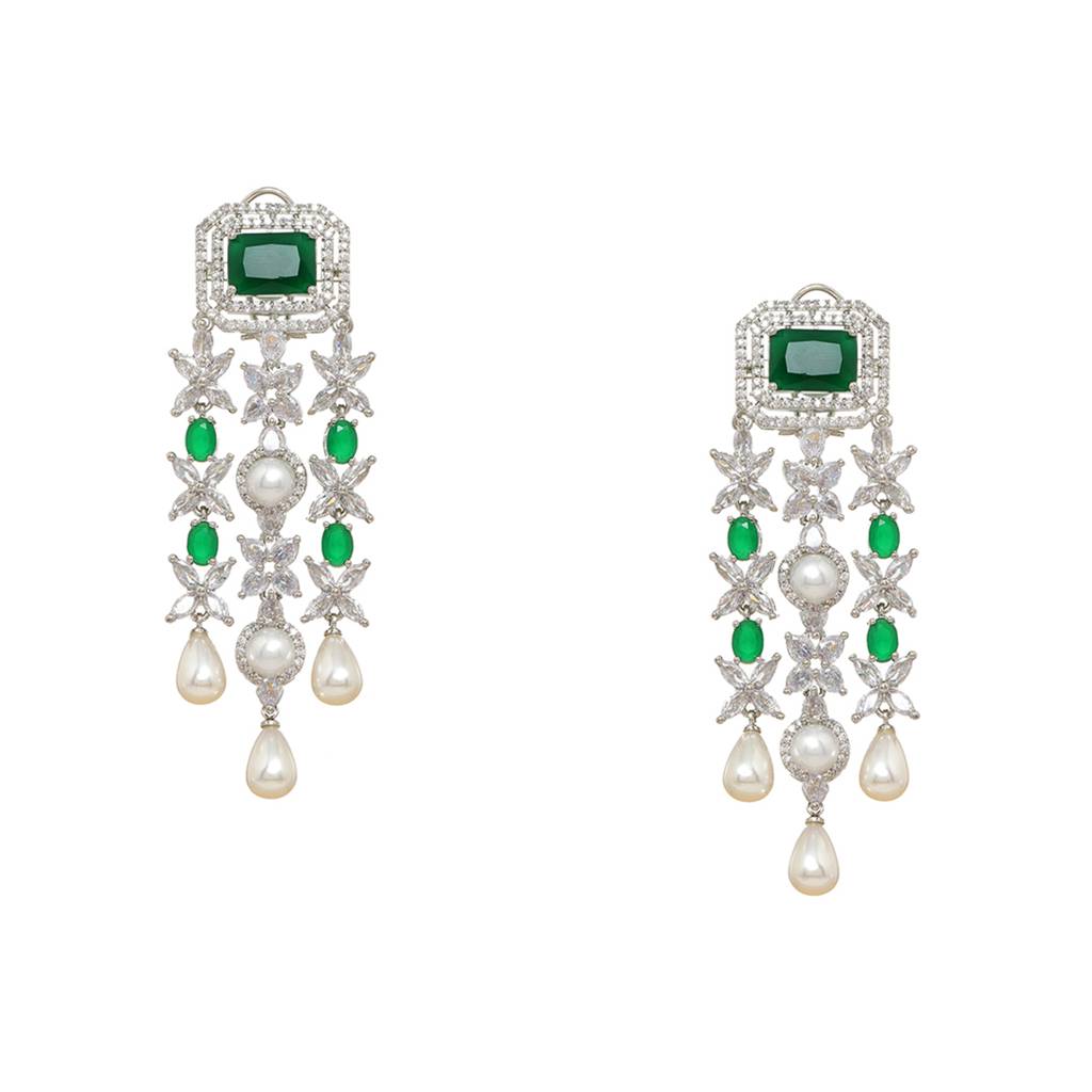 Long Crystal And Emerald Earrings With Pearl Drops : RSSEP24-43
