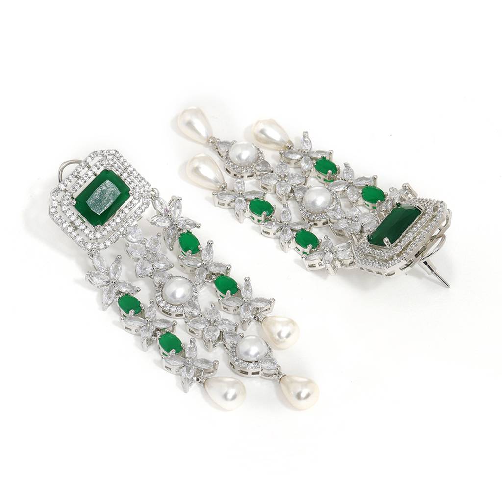Long Crystal And Emerald Earrings With Pearl Drops : RSSEP24-43