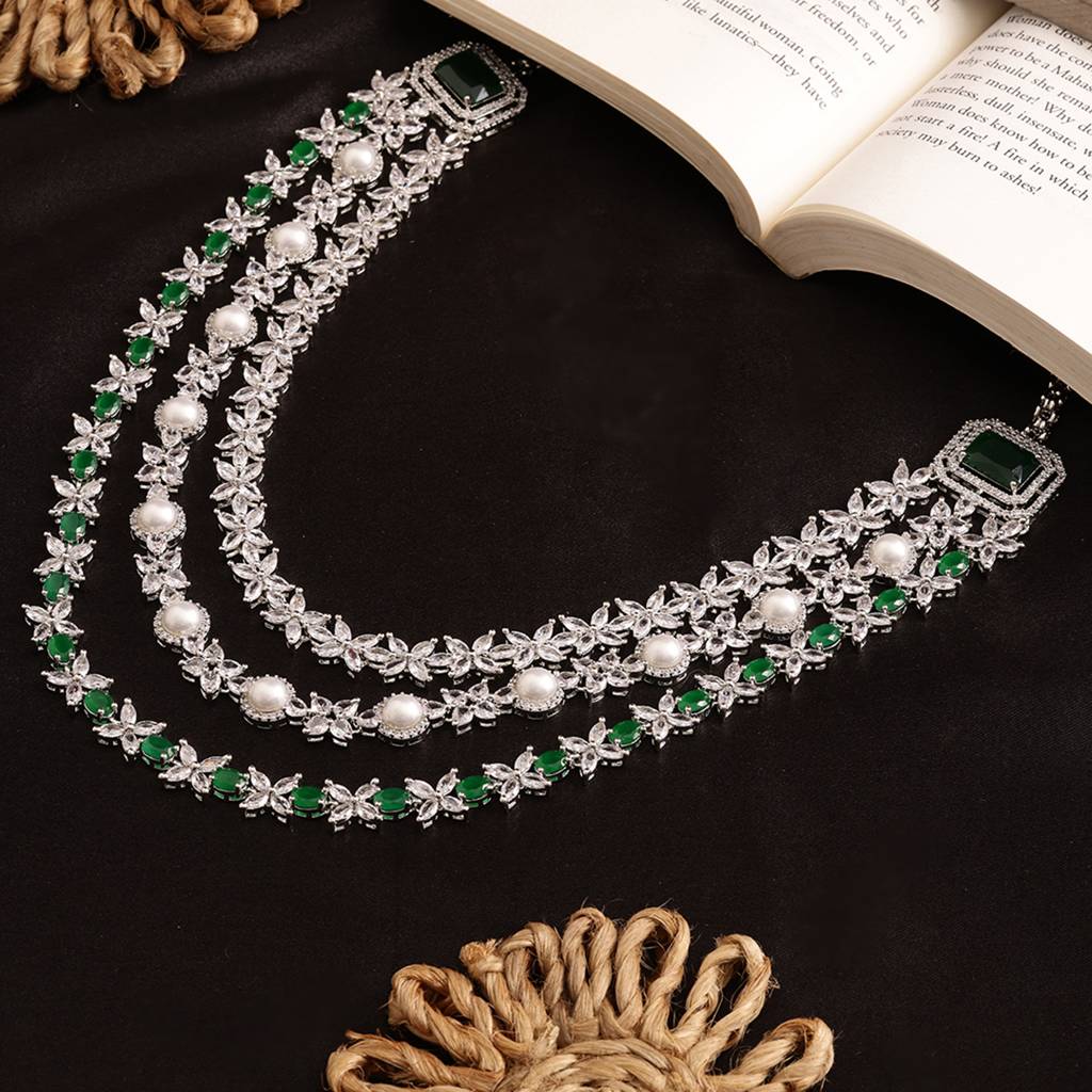 Diamond And Emerald Layered Long Necklace : RSSEP24-44