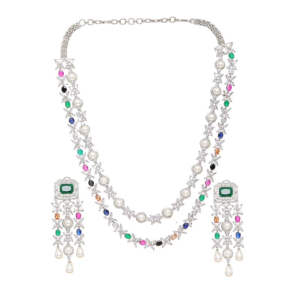 Multi Stone Double Layered Long Necklace With Matching Earrings : RSSEP24-46