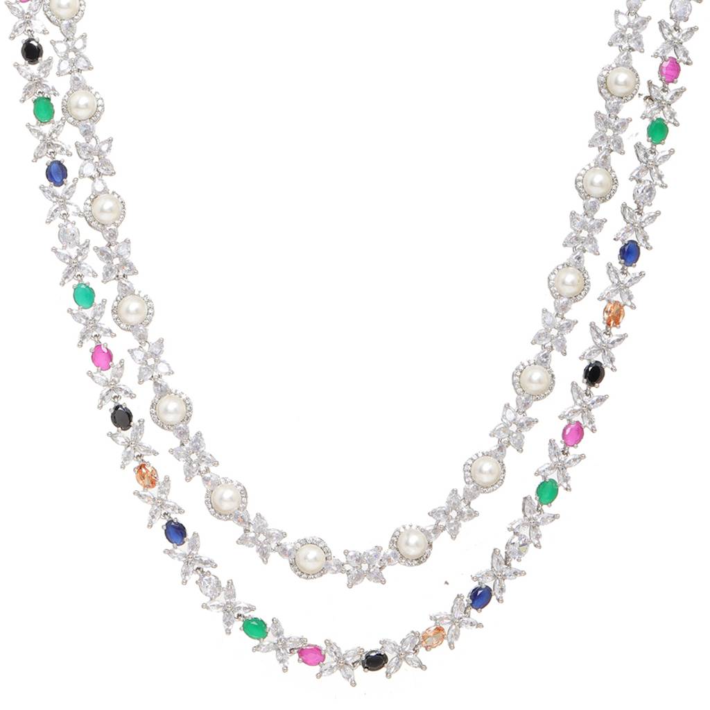 Multi Stone Double Layered Long Necklace With Matching Earrings : RSSEP24-46