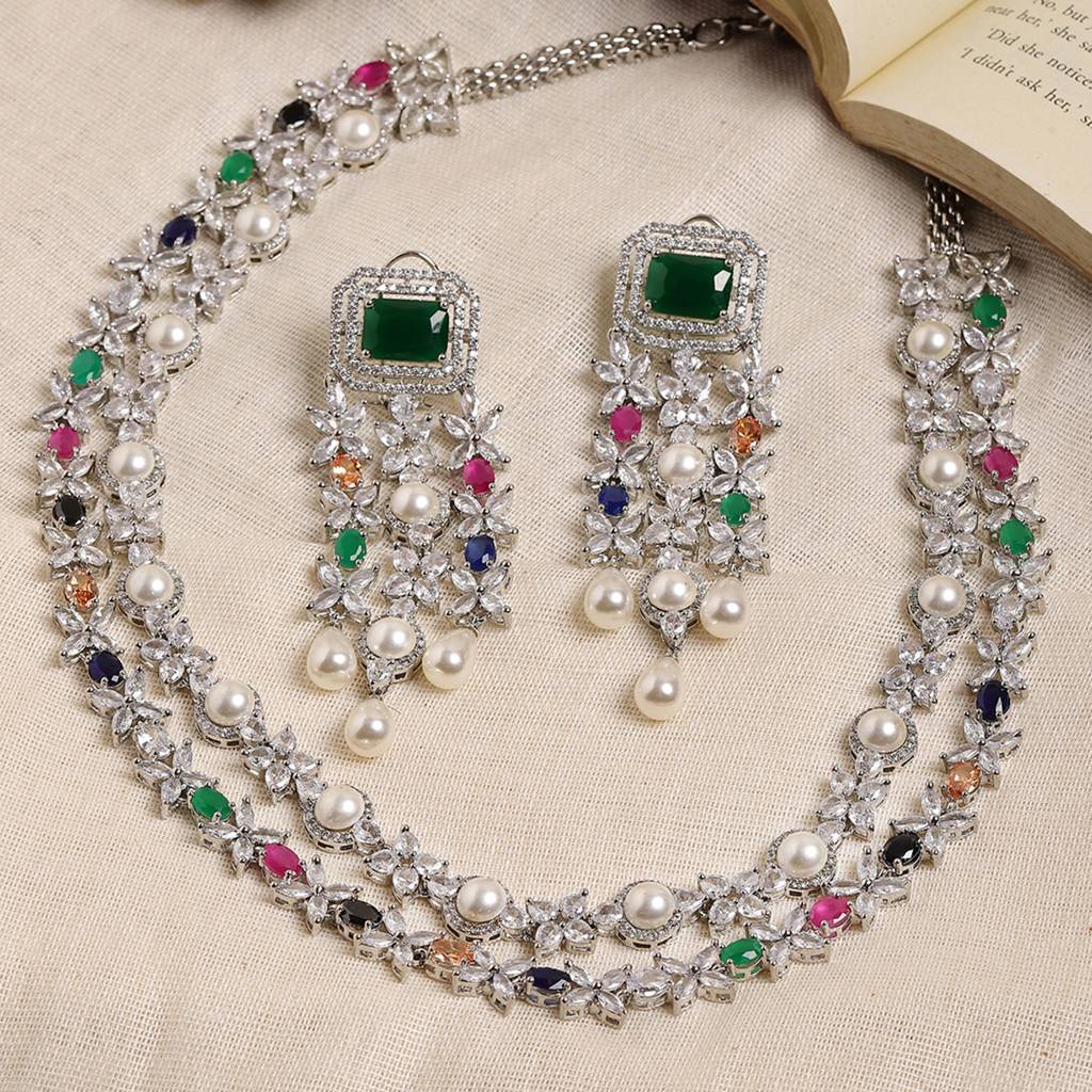 Multi Stone Double Layered Long Necklace With Matching Earrings : RSSEP24-46