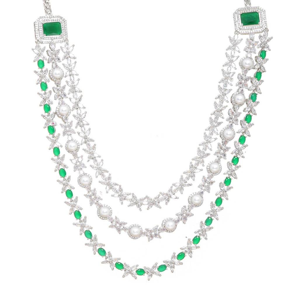 Diamond And Emerald Layered Long Necklace With Matching Earrings : RSSEP24-47