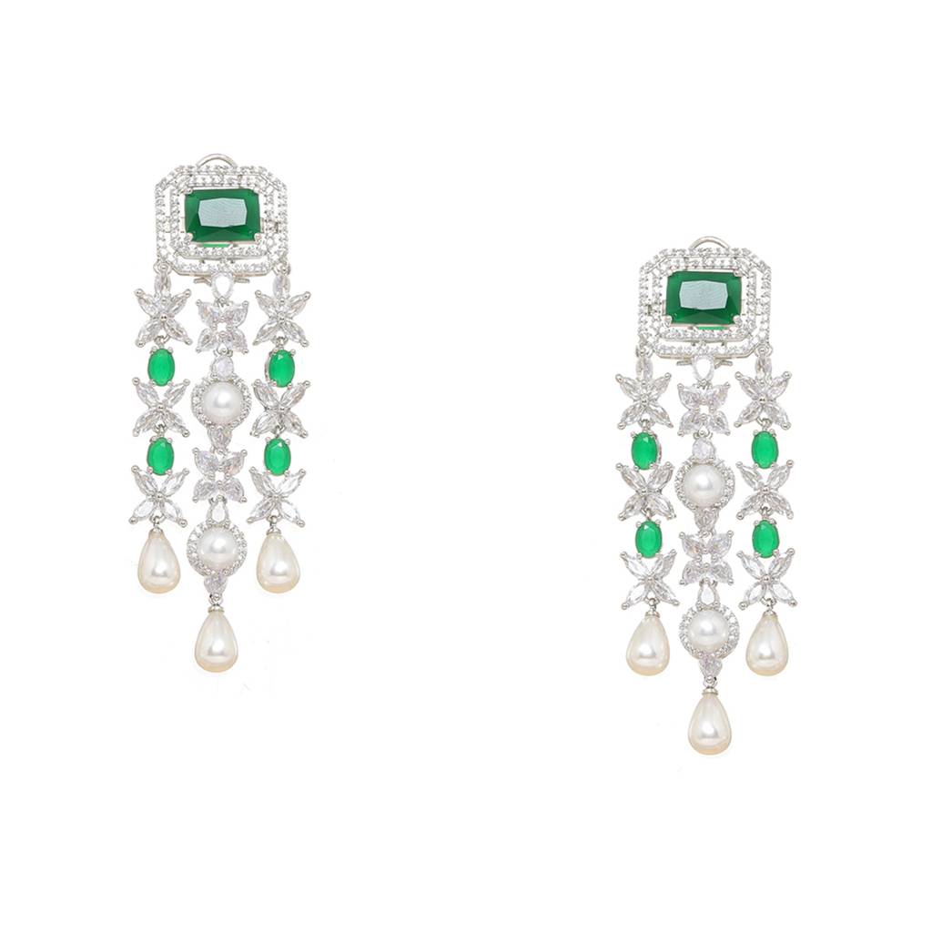 Diamond And Emerald Layered Long Necklace With Matching Earrings : RSSEP24-47