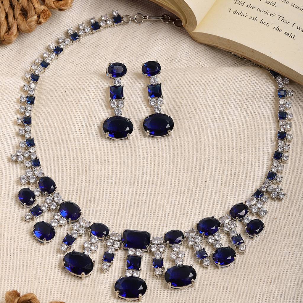 Blue And Diamond Necklace With Earrings : RSSEP24-52