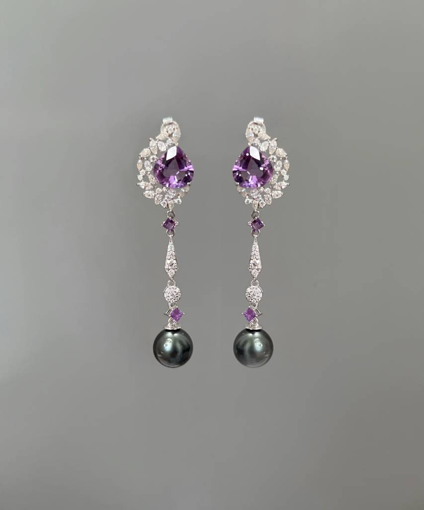 Amethyst And Black Pearl Drop Erring : RU-ER-03