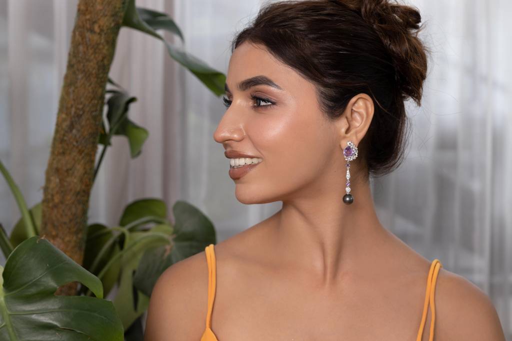 Amethyst And Black Pearl Drop Erring : RU-ER-03