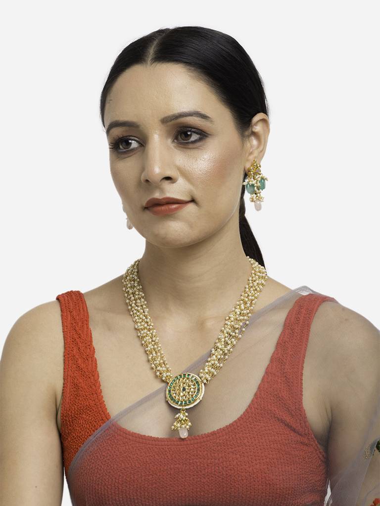 Long Kundan Beaded Choker With Earrings : RUBYM151