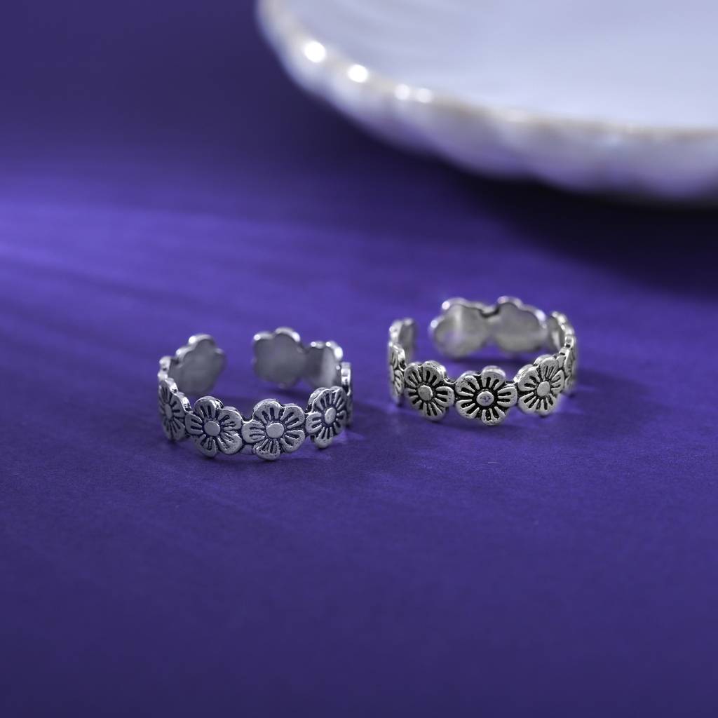 925 Sterling Silver Floral Band Adjustable Toe Ring : RJSPTR07