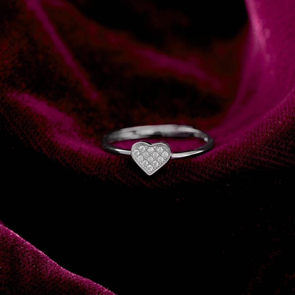 925 Sterling Silver Adjustable Heart Ring With Pave Cubic Zirconia : RJSPRG39