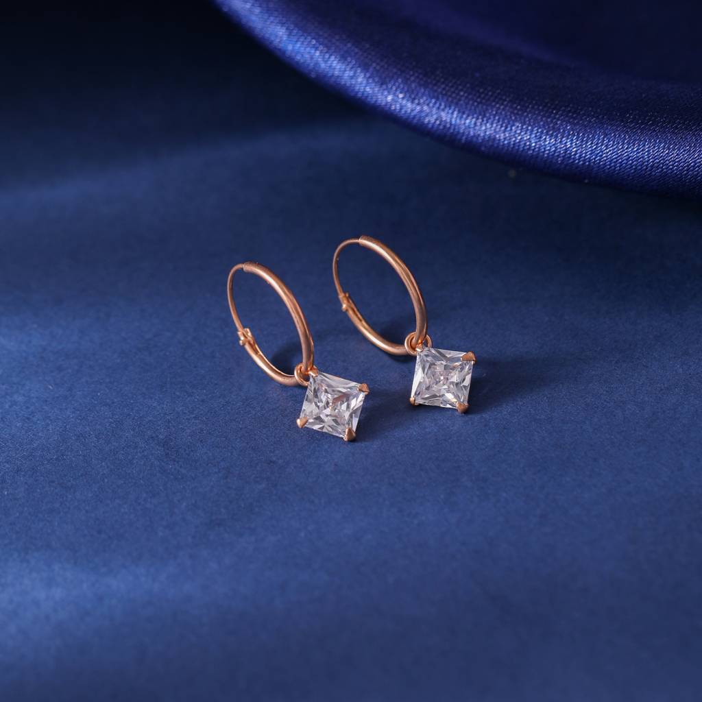 925 Sterling Silver Rose Gold Hoop Earrings With Princess-Cut Cubic Zirconia Drop : RJSPER55