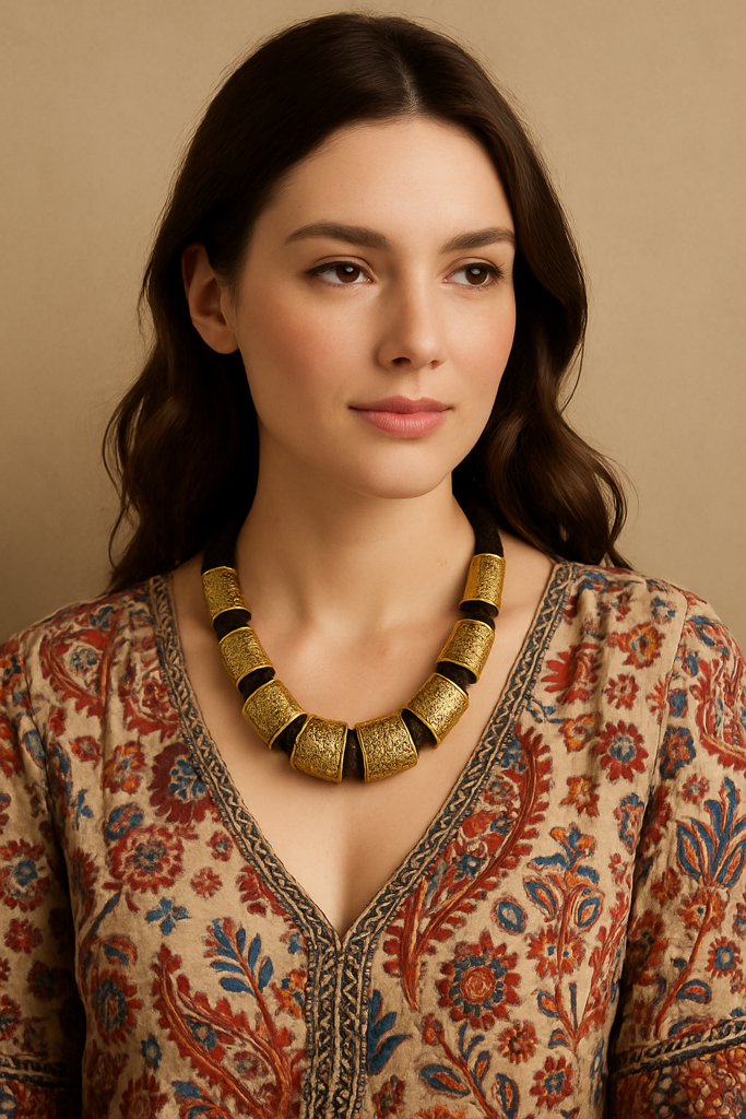 Cotton Thread And Metal Alloy Beads Matt Gold Finish Necklace : ALT-JEW-RWT-116