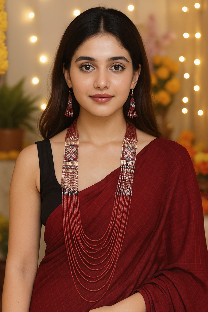 Red Hand Beaded Long Necklace Set : ALT-JEW-AEX-51