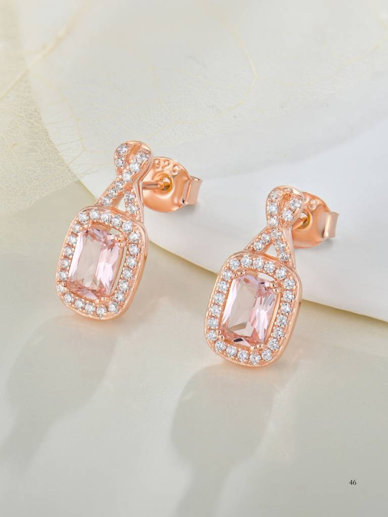 925 Sterling Silver Rosegold Plated Morganite Cz Drop Earrings I