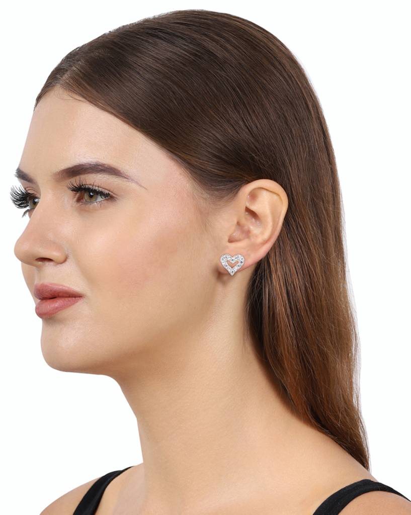 Carlton London Rhodium Plated 925 Sterling Silver Heart-Shaped Stone-Studded Studs : S117015E