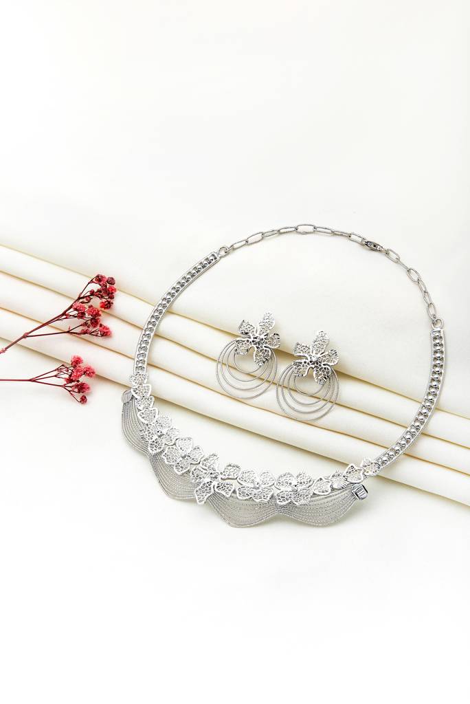Silberry 925 Sterling Silver Camellia Necklace Set : S134