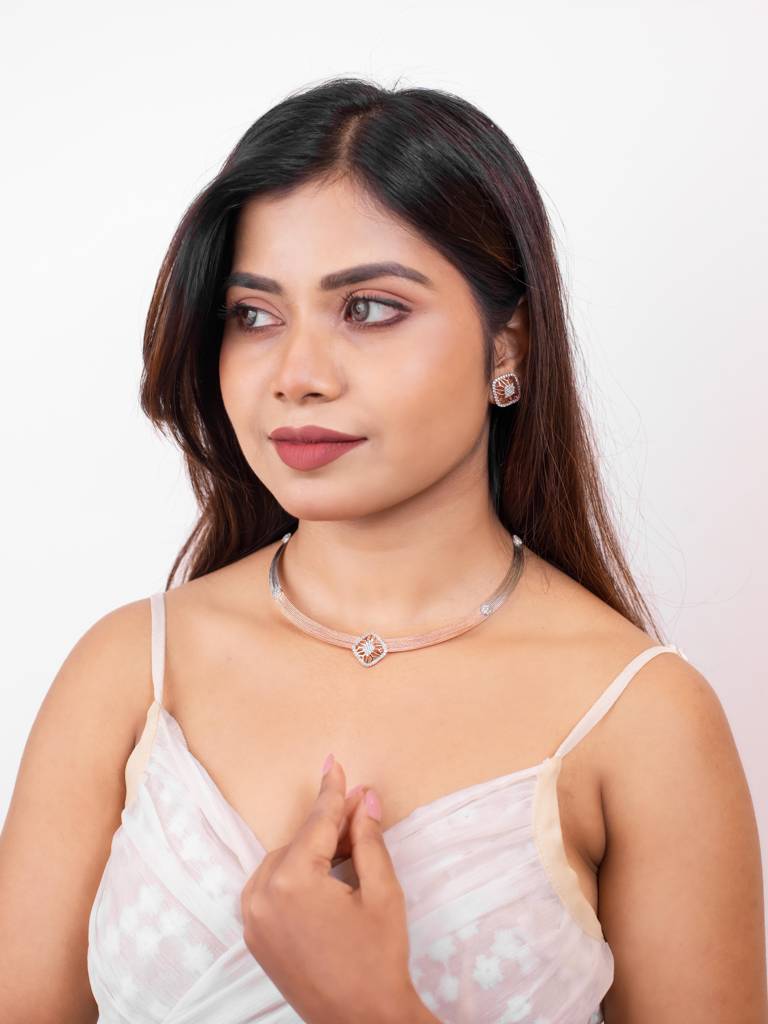 Silberry 925 Sterling Silver 18K Two Tone Rose Gold Quadrant Necklace Set : S141