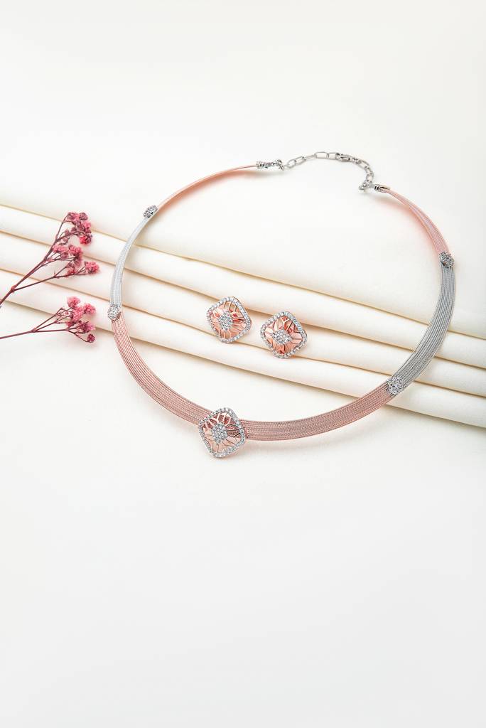 Silberry 925 Sterling Silver 18K Two Tone Rose Gold Quadrant Necklace Set : S141