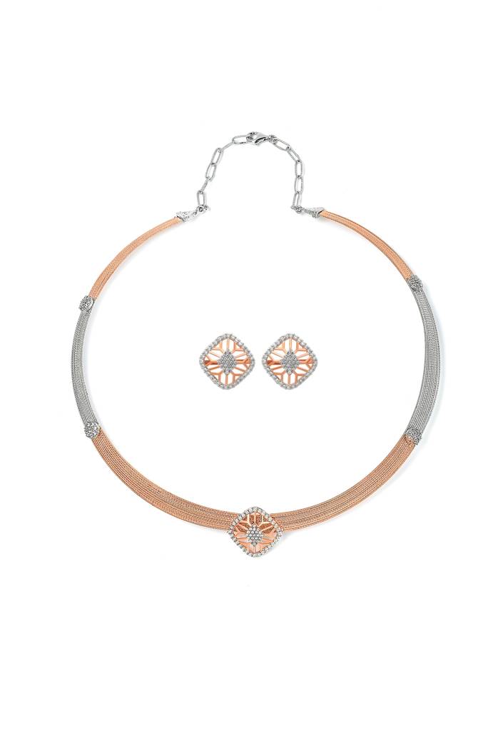 Silberry 925 Sterling Silver 18K Two Tone Rose Gold Quadrant Necklace Set : S141