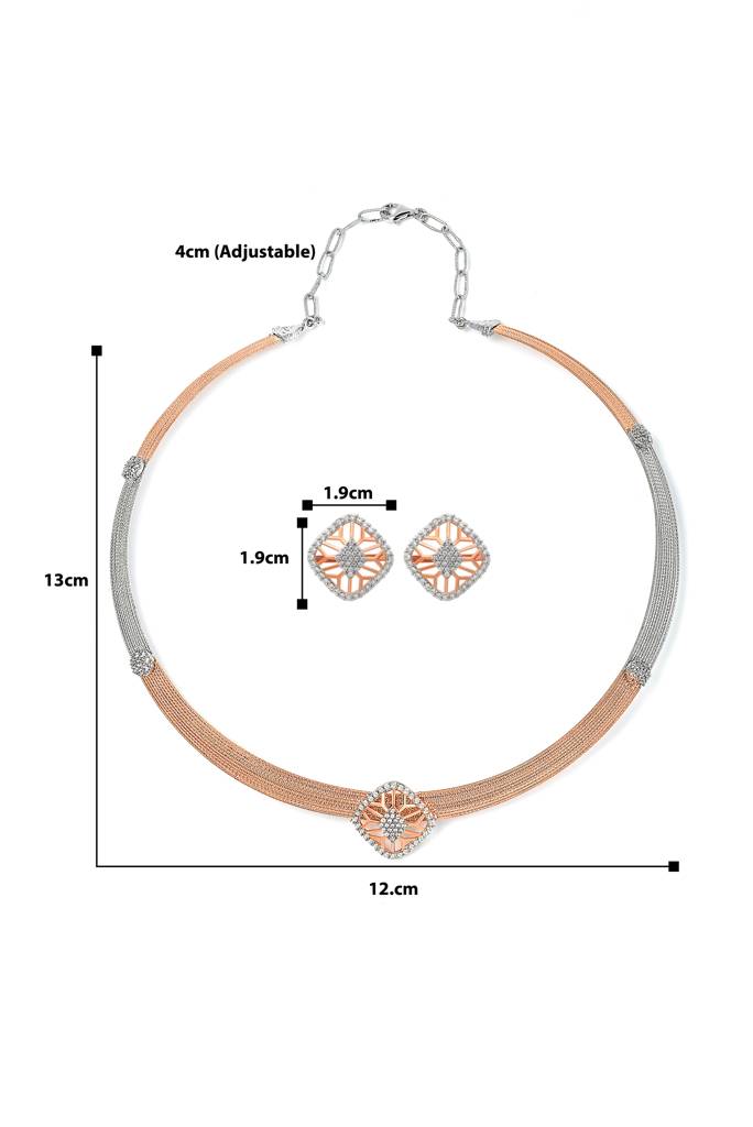 Silberry 925 Sterling Silver 18K Two Tone Rose Gold Quadrant Necklace Set : S141