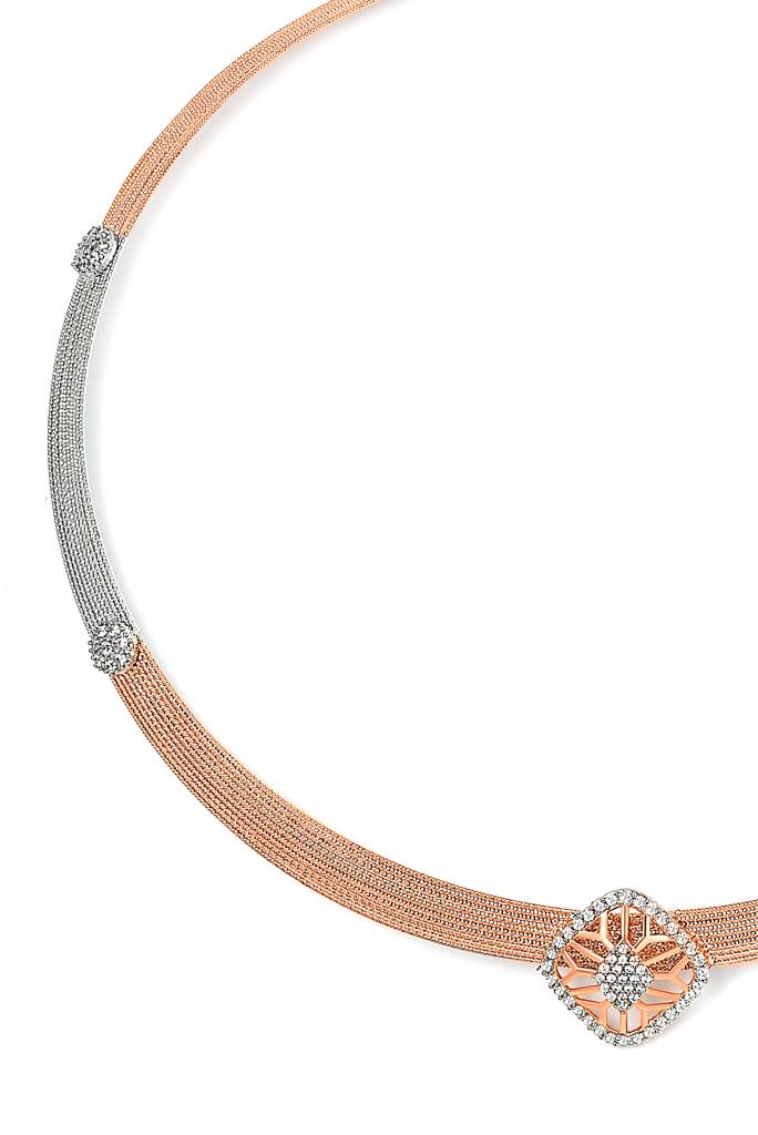 Silberry 925 Sterling Silver 18K Two Tone Rose Gold Quadrant Necklace Set : S141