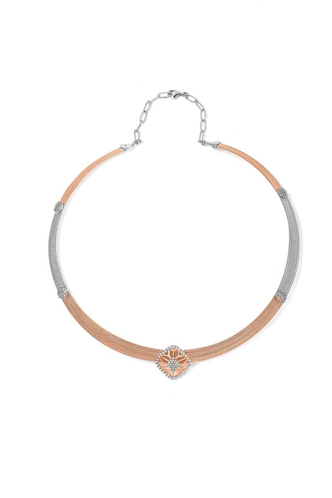 Silberry 925 Sterling Silver 18K Two Tone Rose Gold Quadrant Necklace Set : S141