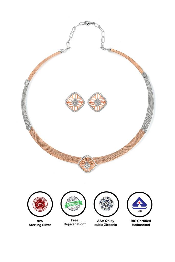 Silberry 925 Sterling Silver 18K Two Tone Rose Gold Quadrant Necklace Set : S141