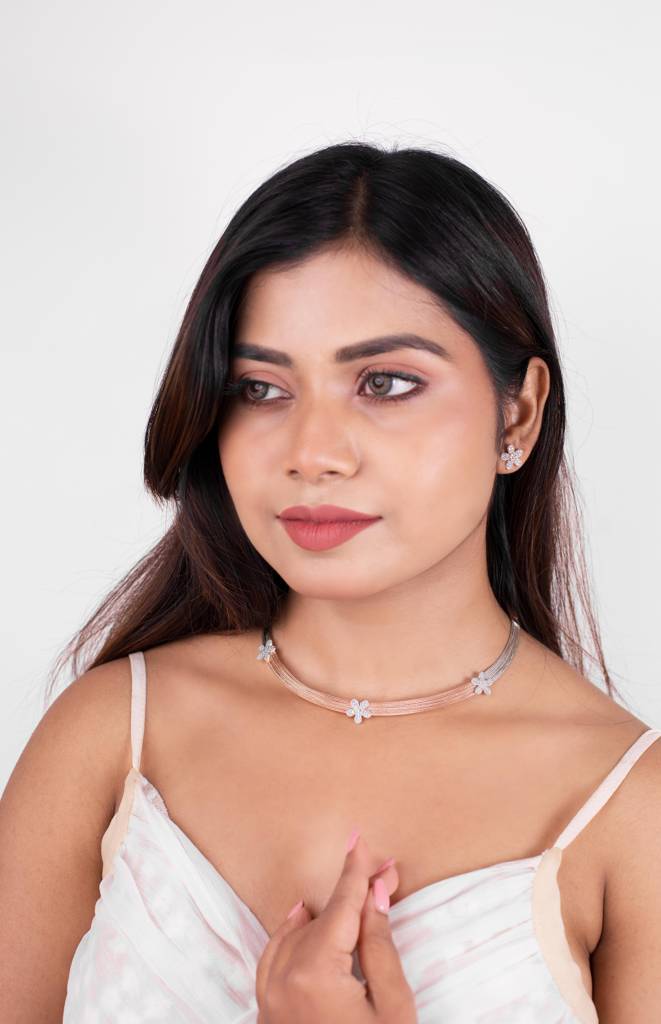 Silberry 925 Sterling Silver 18K Two Tone Rose Gold Floweret Necklace Set : S143
