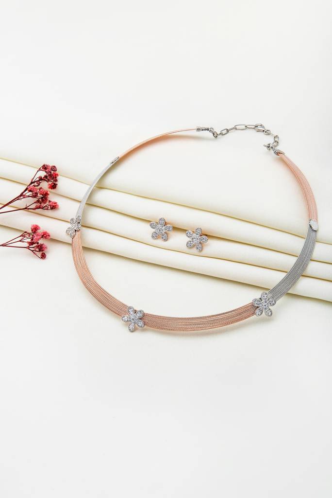 Silberry 925 Sterling Silver 18K Two Tone Rose Gold Floweret Necklace Set : S143