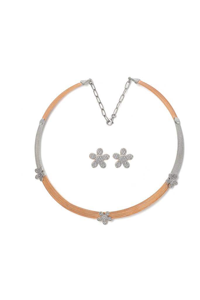 Silberry 925 Sterling Silver 18K Two Tone Rose Gold Floweret Necklace Set : S143