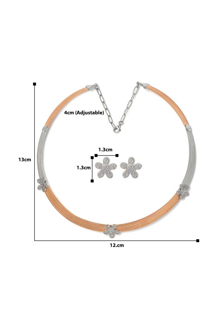 Silberry 925 Sterling Silver 18K Two Tone Rose Gold Floweret Necklace Set : S143
