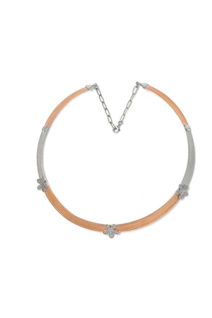 Silberry 925 Sterling Silver 18K Two Tone Rose Gold Floweret Necklace Set : S143