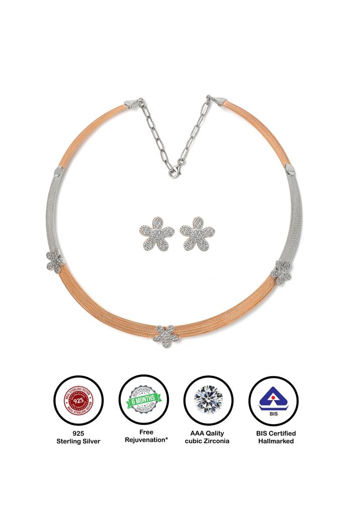 Silberry 925 Sterling Silver 18K Two Tone Rose Gold Floweret Necklace Set : S143