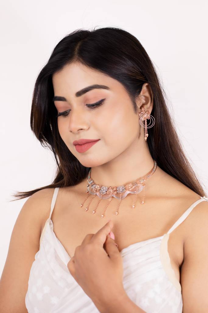 Silberry 925 Sterling Silver 18K Two Tone Rose Gold Dazzling Necklace Set : S145