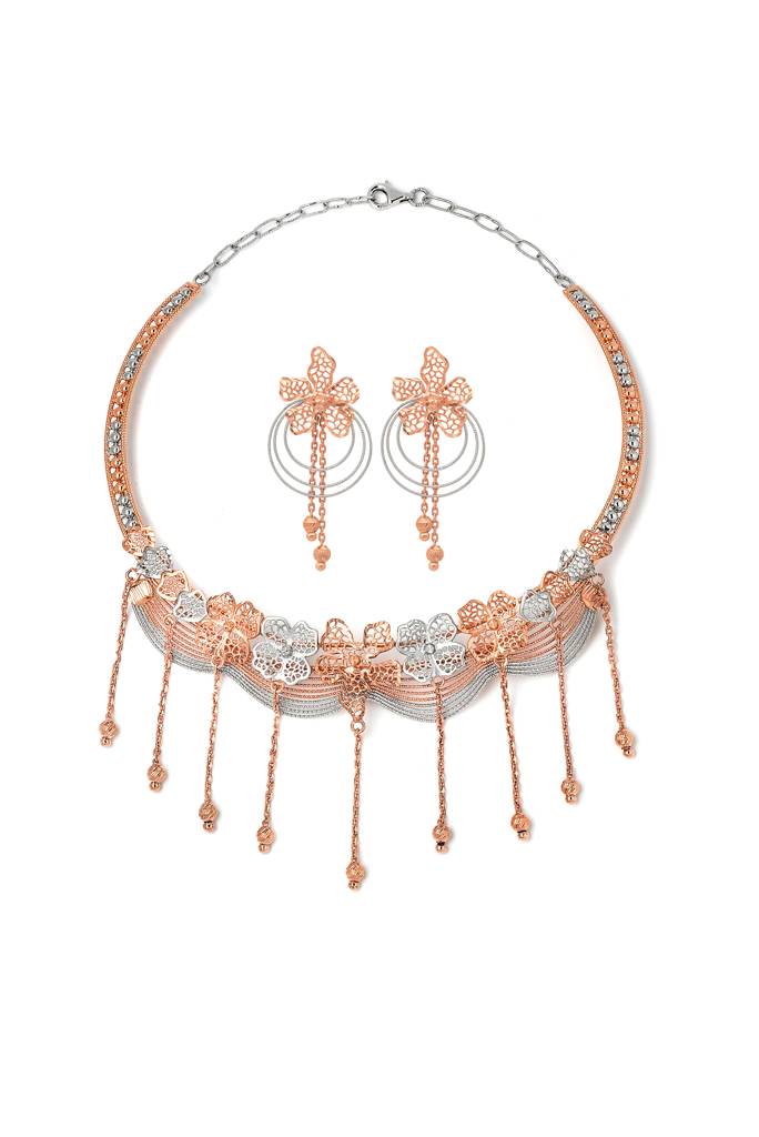 Silberry 925 Sterling Silver 18K Two Tone Rose Gold Dazzling Necklace Set : S145
